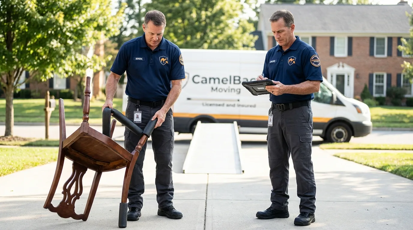 Movers inspecting furniture for damage prevention before loading in Bonifay, FL